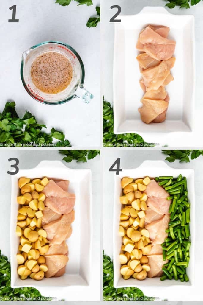 Four step-by-step photos showing how to make chicken green beans and potatoes.