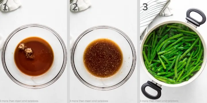 Three photos showing how to make honey garlic sauce.