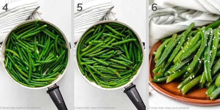 Three collage photos showing how to make Honey Garlic Green Beans.