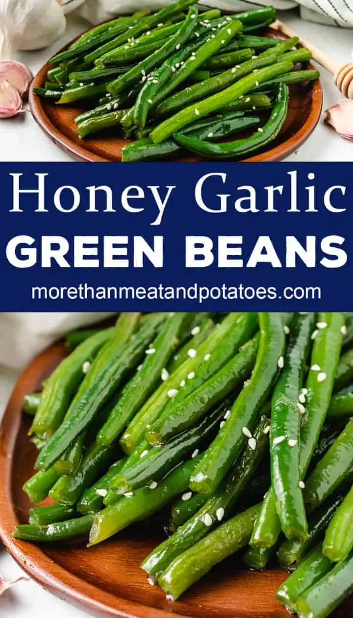 Two photos of honey garlic green beans on bamboo plates.