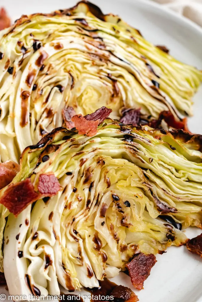 Close up of baked cabbage and bacon.