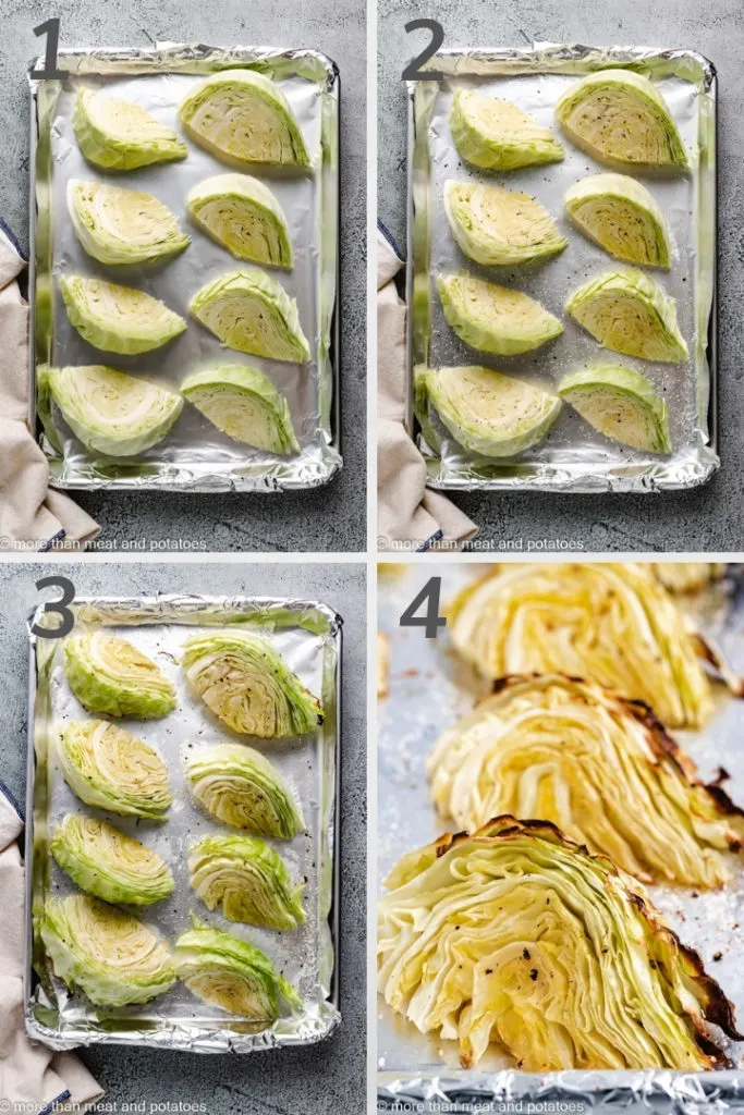 Collage style image showing how to make roasted cabbage wedges.