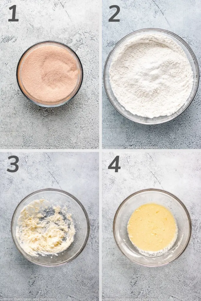 Collage of four photos showing how to make dough for donuts.