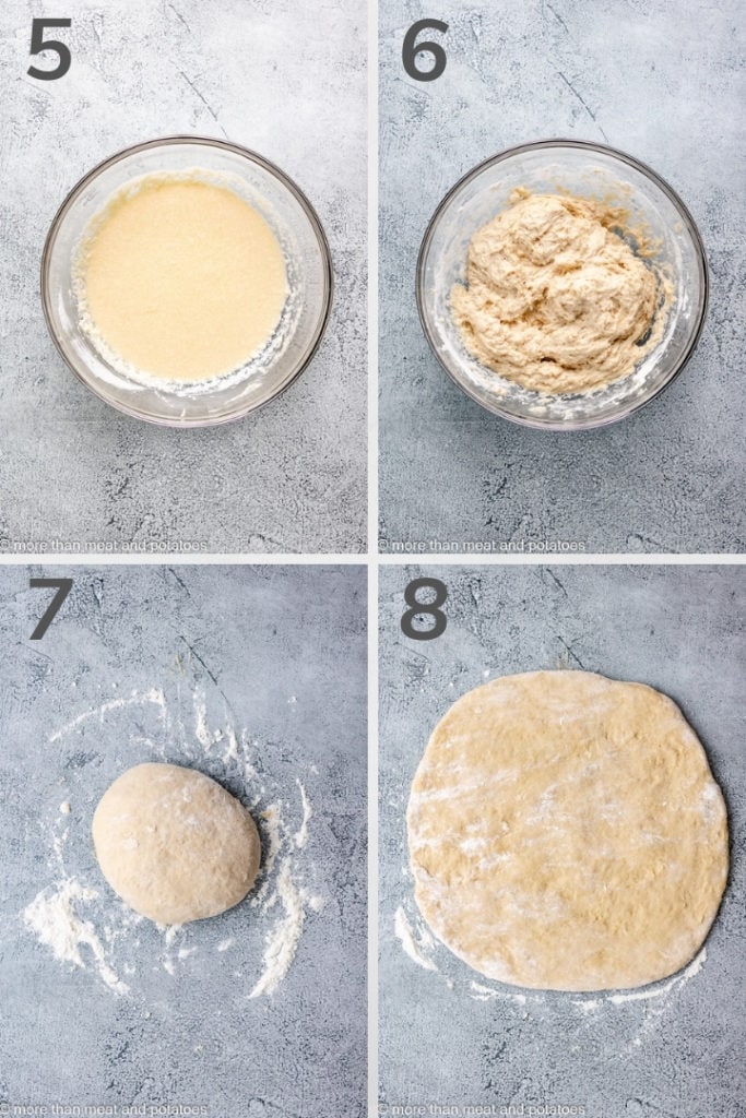 Collage of four photos showing how to mix the dough for sourdough doughnuts.