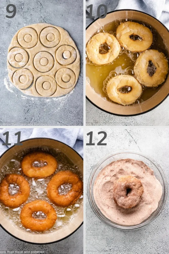 Collage of photos showing how to fry doughnuts.