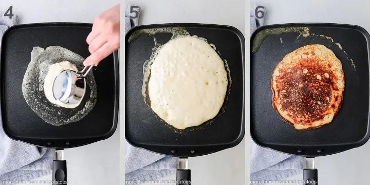 Three collage-style photos showing a pancake cooking on a griddle.