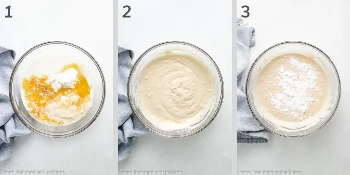 Three photos in a collage showing how to make batter for sourdough pancakes.