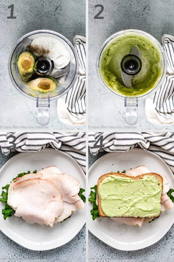 Collage style photo showing how to make avocado ranch dressing.