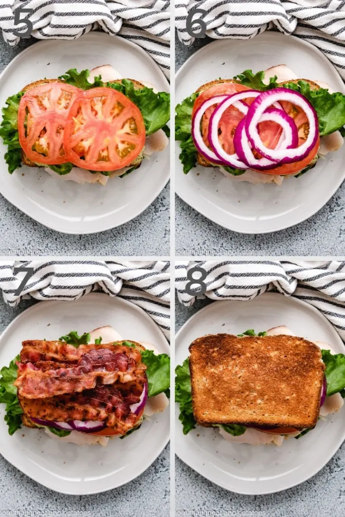 Collage style photo showing how to assemble a sandwich.