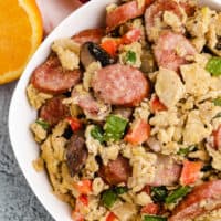 Top down image of sausage breakfast scramble.