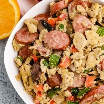 Top down image of sausage breakfast scramble.