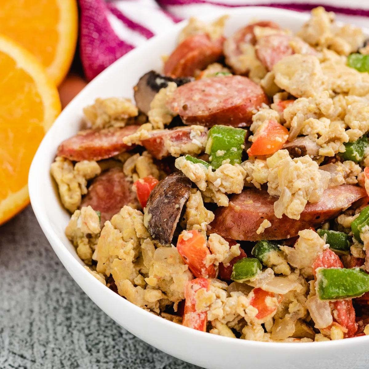 Breakfast scramble in a large white dish.