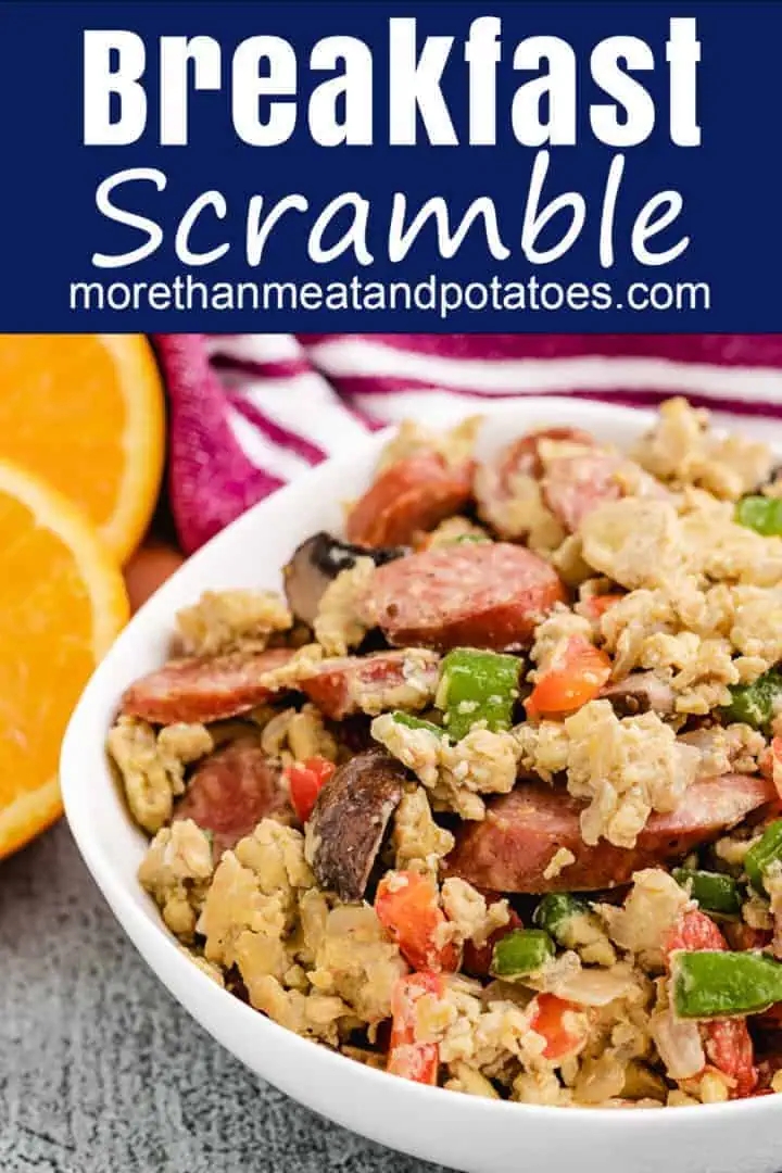 Sausage egg breakfast scramble in a bowl.