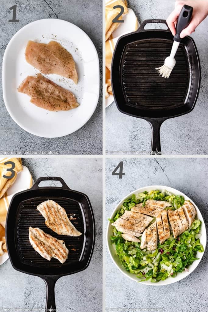 Collage style photo showing how to grill chicken.