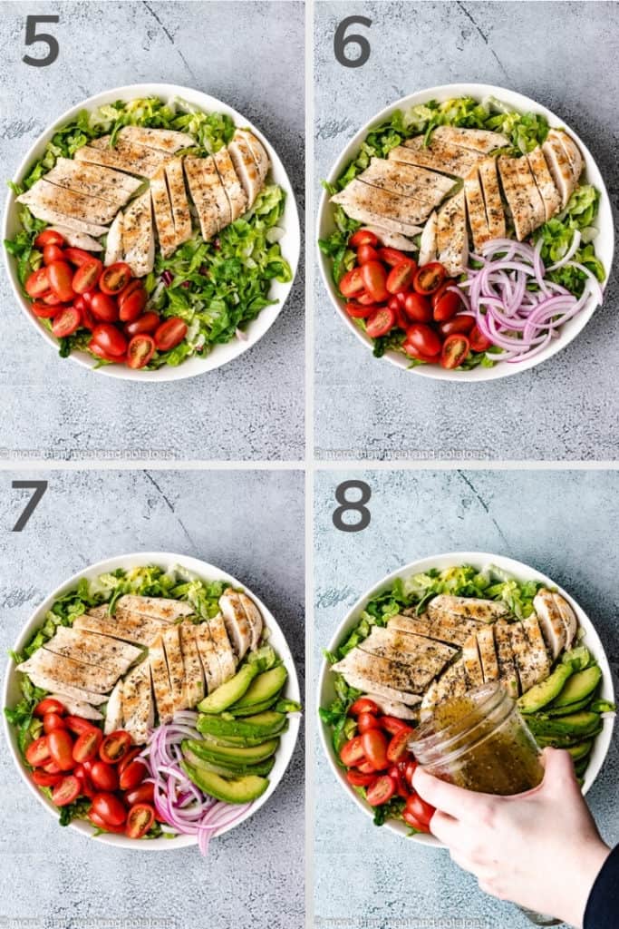 Collage style photo showing how to assemble a chicken avocado salad.