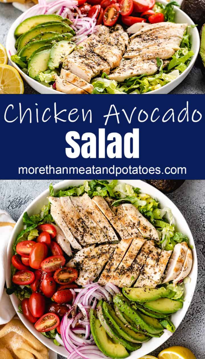 Collage style photo showing a bowl of avocado chicken salad.