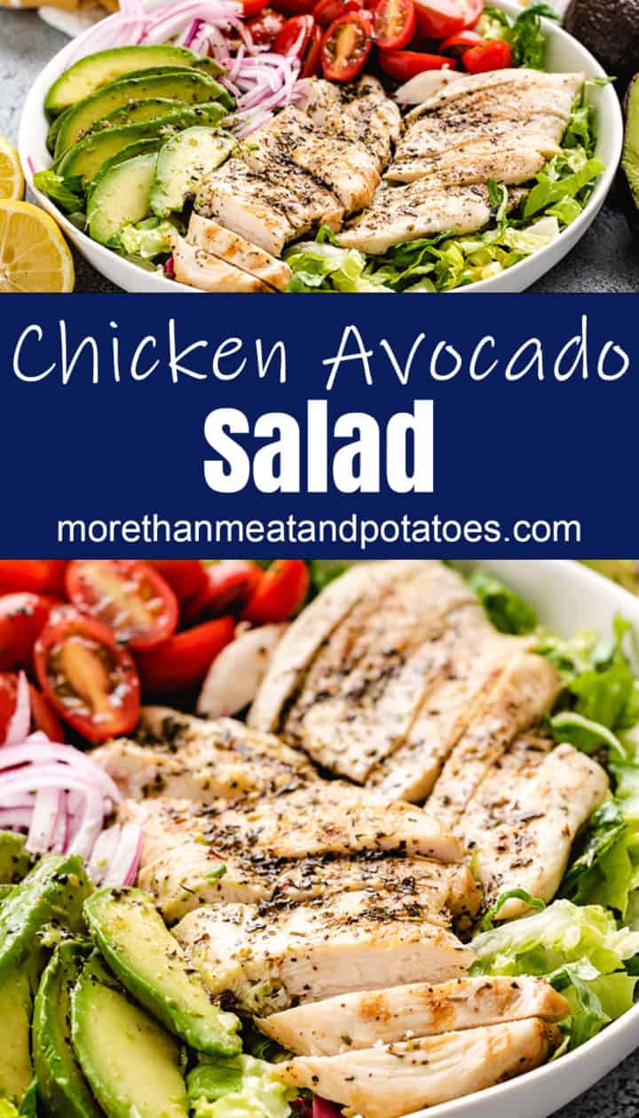 Collage style photo showing chicken avocado salad in bowls.