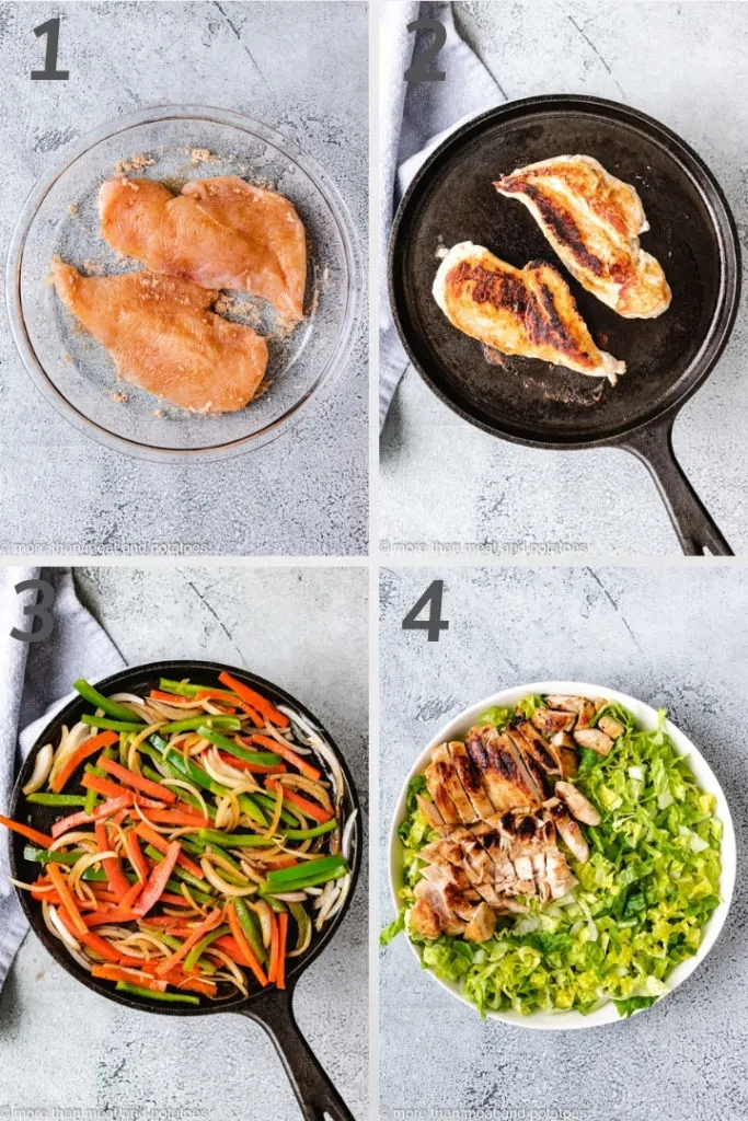 Collage style photo showing how to cook seasoned chicken.