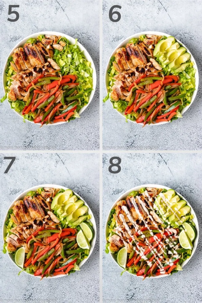 Collage style photo of how to assemble a chicken fajita salad.