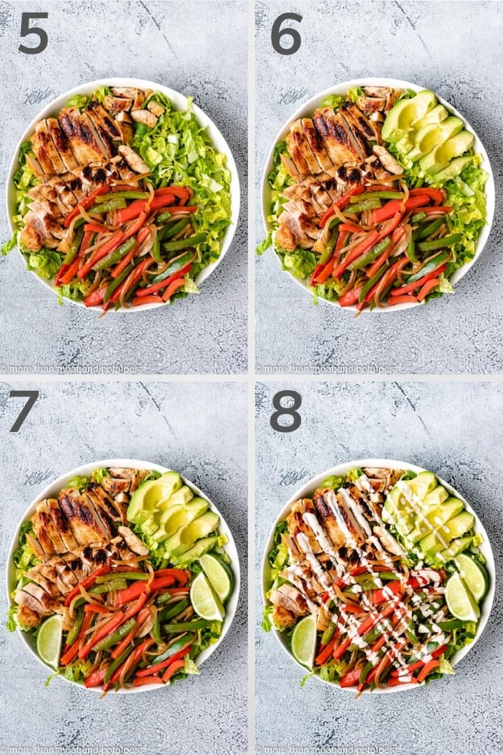 Collage style photo of how to assemble a chicken fajita salad.