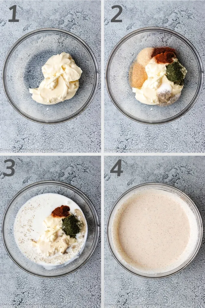 Collage style photo of how to make chipotle ranch dressing.