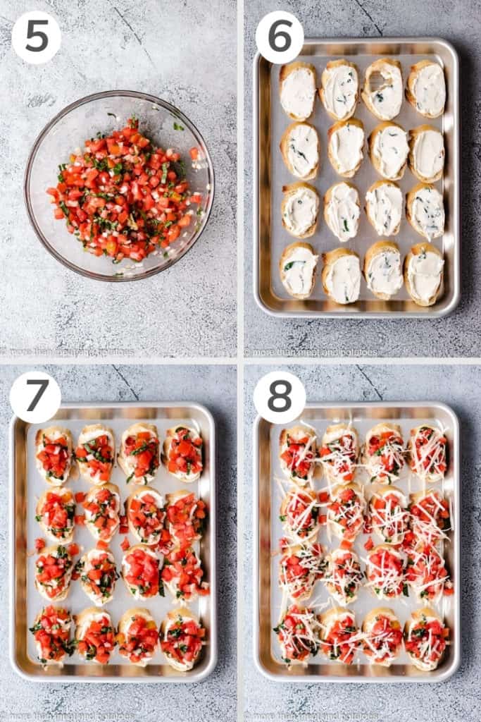 Collage style photo showing how to make cream cheese bruschetta.