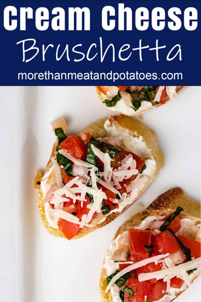 Top down view of cream cheese bruschetta slices on a plate.