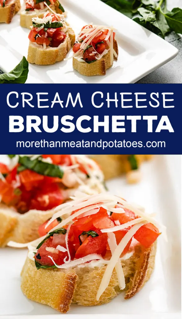 Collage style photo of cream cheese bruschetta on a white platter.