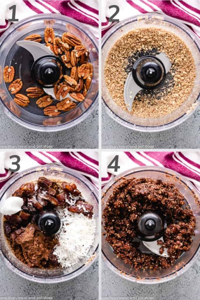 Collage showing ingredients for date balls in a food processor.