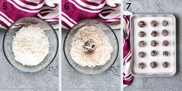 Collage style photos showing date balls being rolled in coconut.