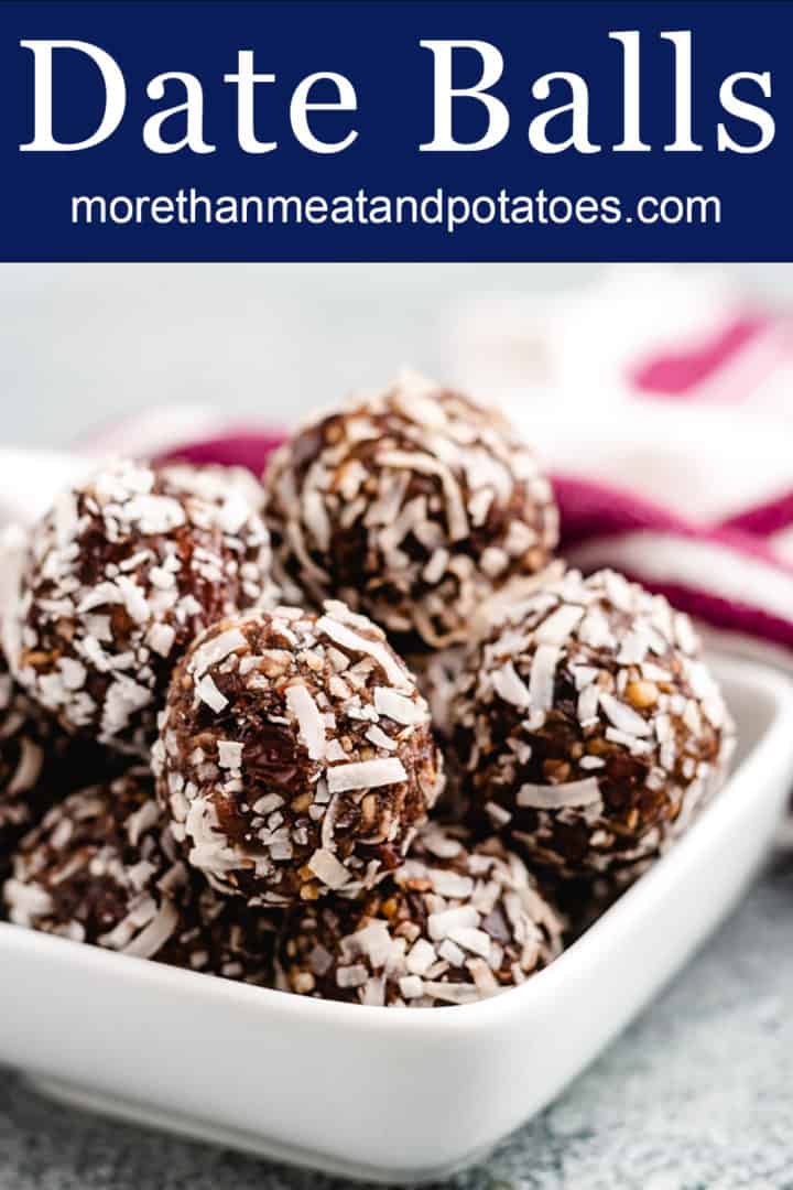 Chocolate date balls in a white bowl.