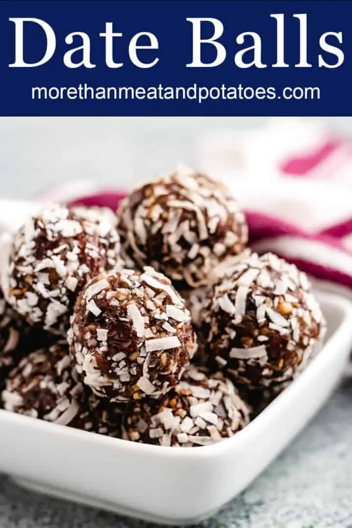 Chocolate date balls in a white bowl.