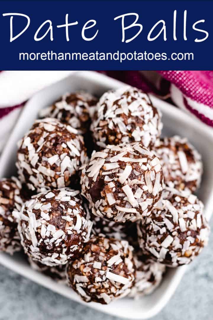 Close up of chocolate date balls in a dish.
