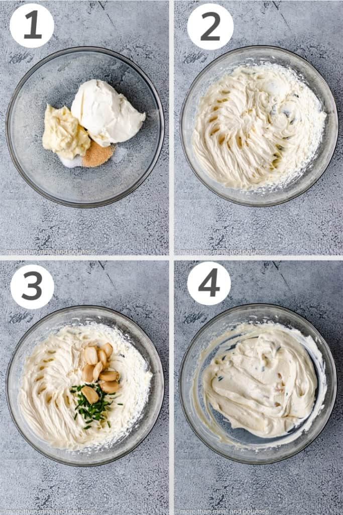 Collage style photo of how to make garlic dip.