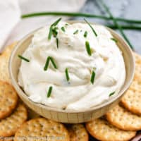 Garlic dip with crackers and fresh chives.