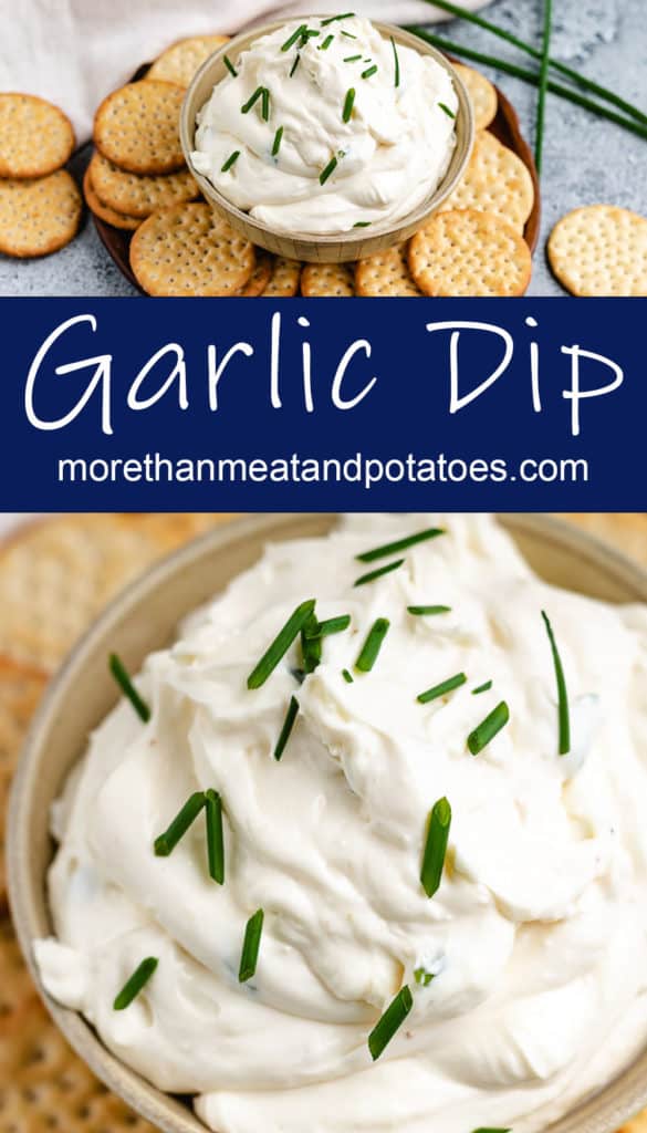 Collage style photo of garlic dip with crackers.