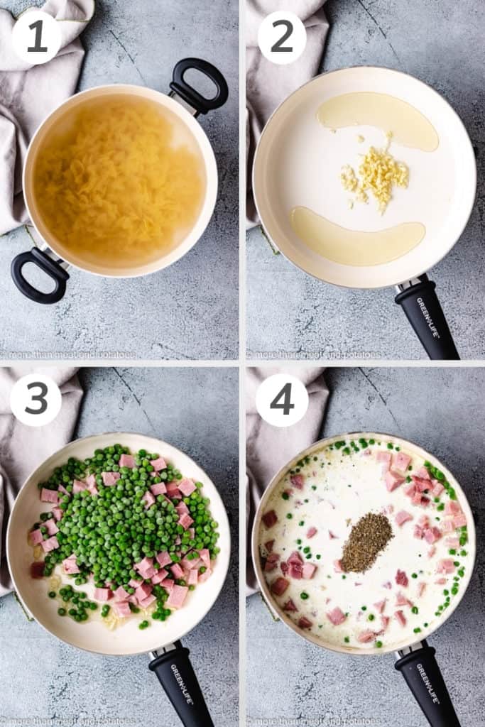 Collage style photo showing how to make a ham and cheese cream sauce.