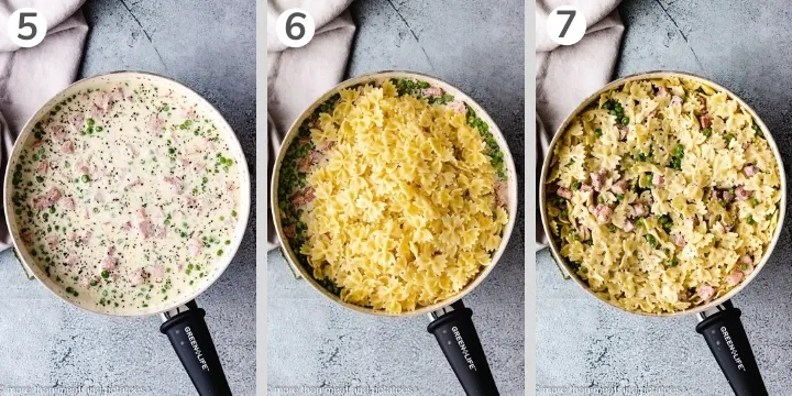 Collage style photo showing how to make ham and peas pasta.