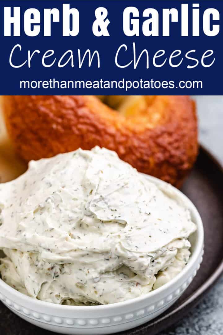 Herb flavored cream cheese in a white dish.