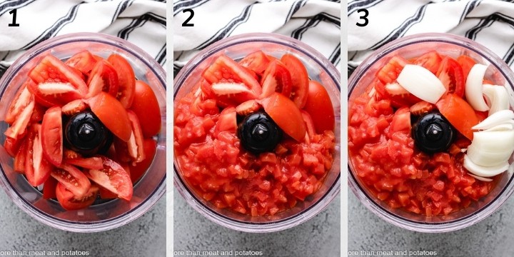 Collage style photo showing tomatoes in a food processor.