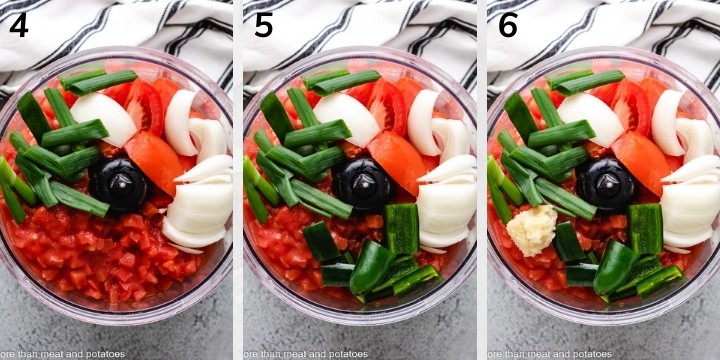 Collage style photo showing salsa ingredients in a food processor.