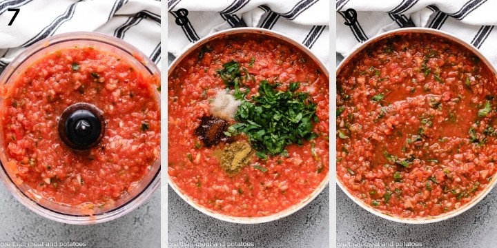 Collage style photo showing salsa in a skillet.