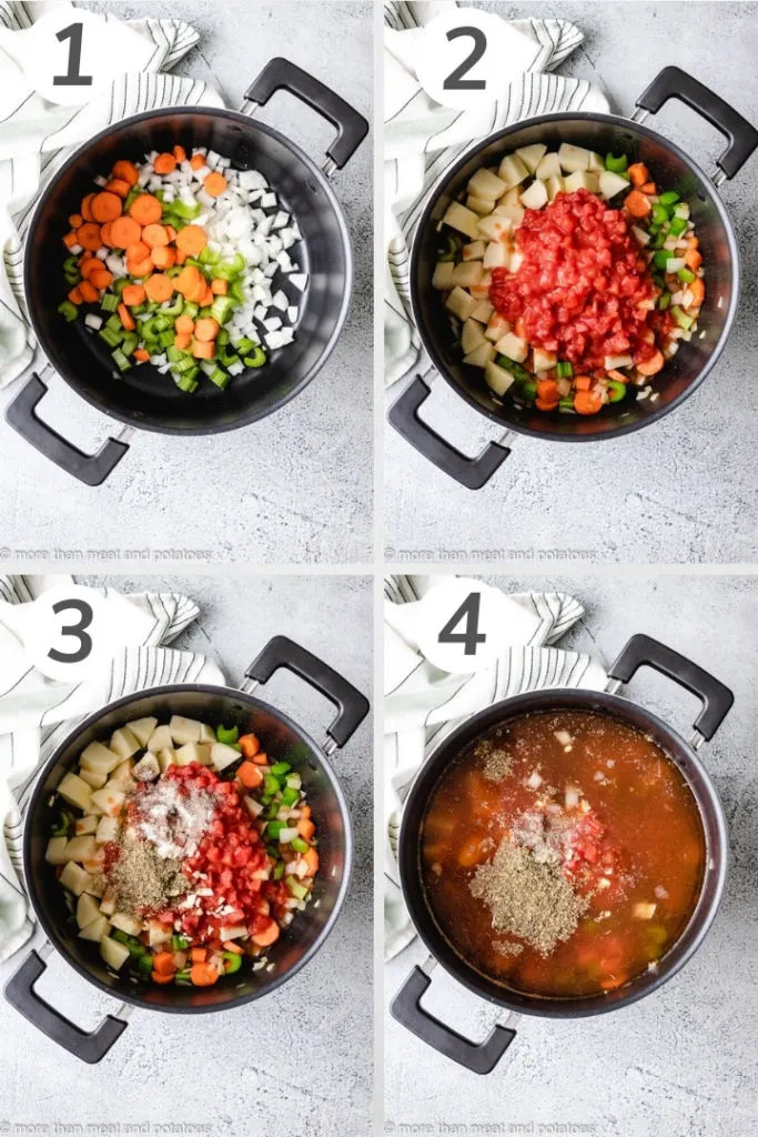 Collage style photo of how to make vegetable soup.