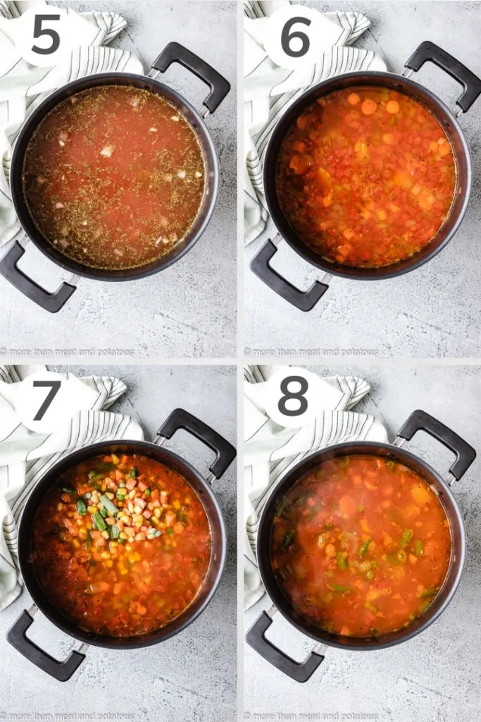 Collage style photo showing vegetable soup cooking.