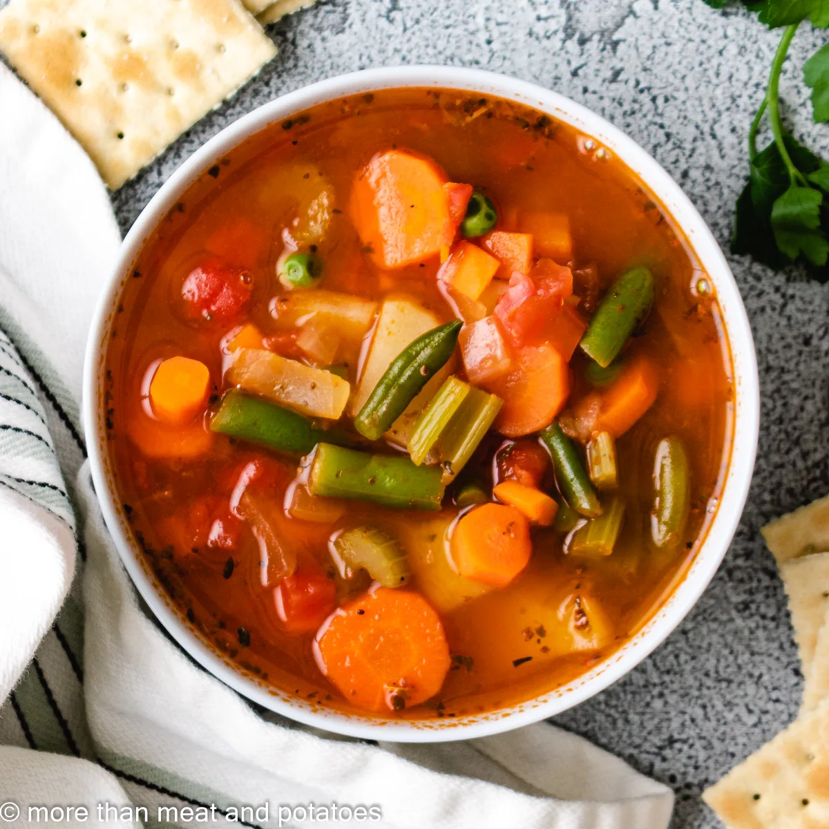 Top down view of vegetable soup in a bowl with crackers.