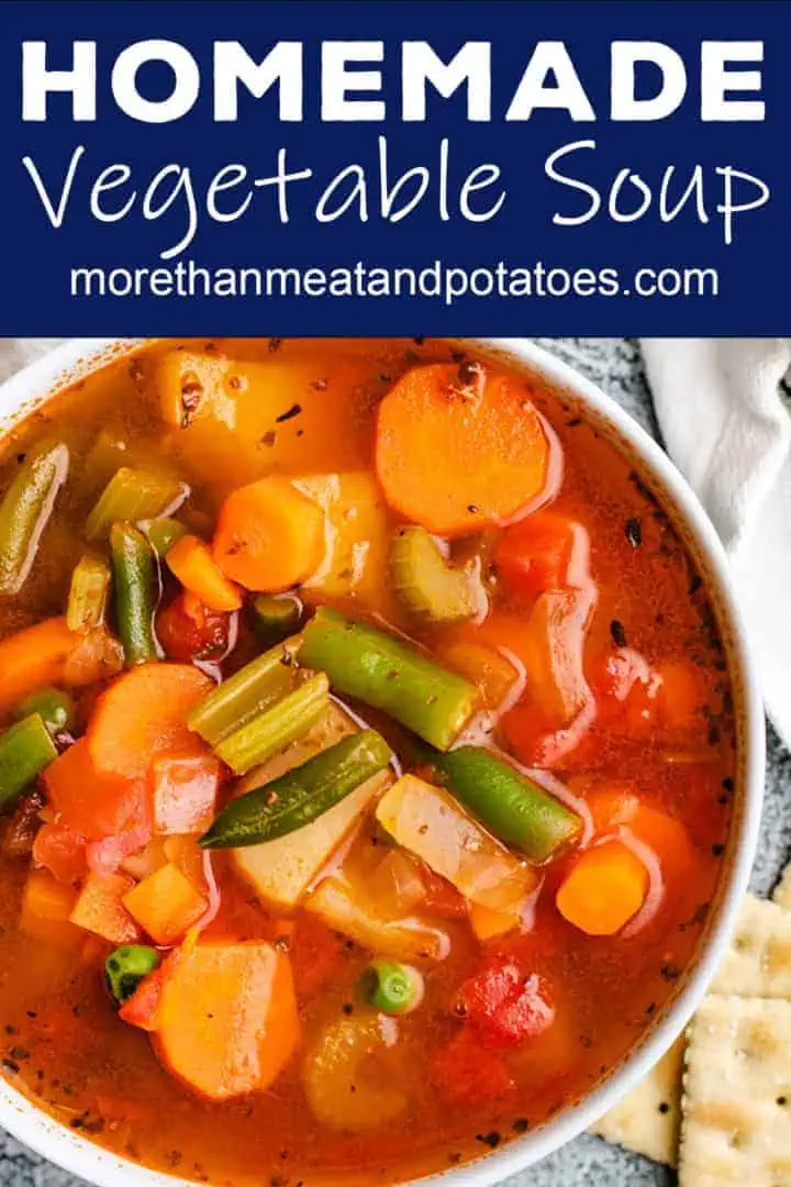 Top down view of vegetable soup in a bowl.