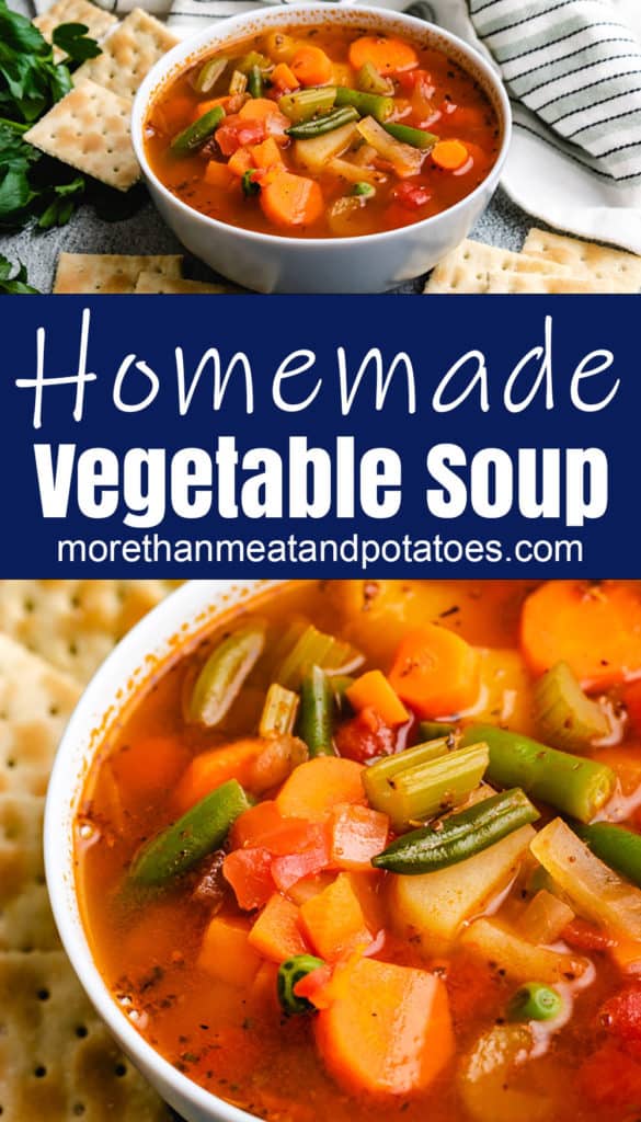 Collage style photo of vegetable soup in white bowls.