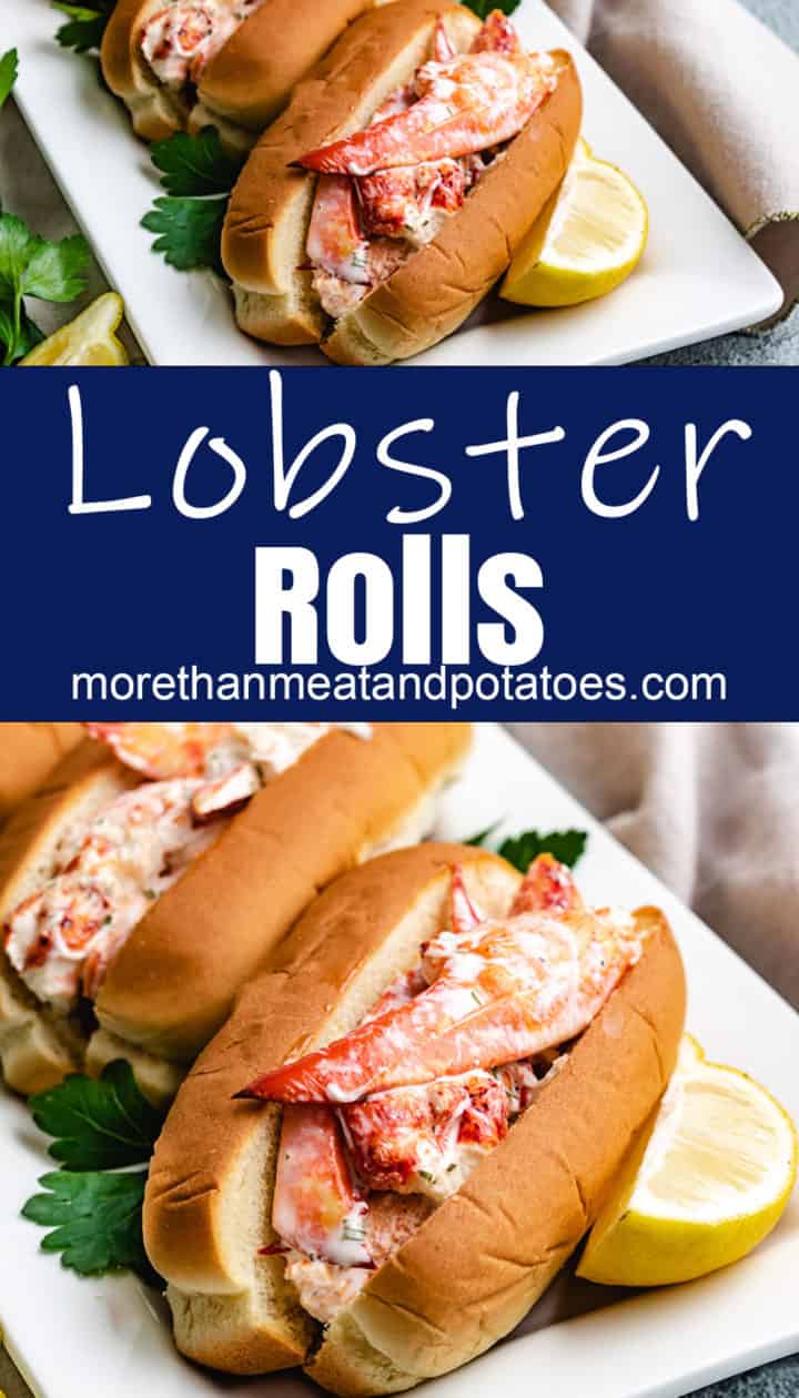 Lobster rolls on a white platter with fresh lemon.