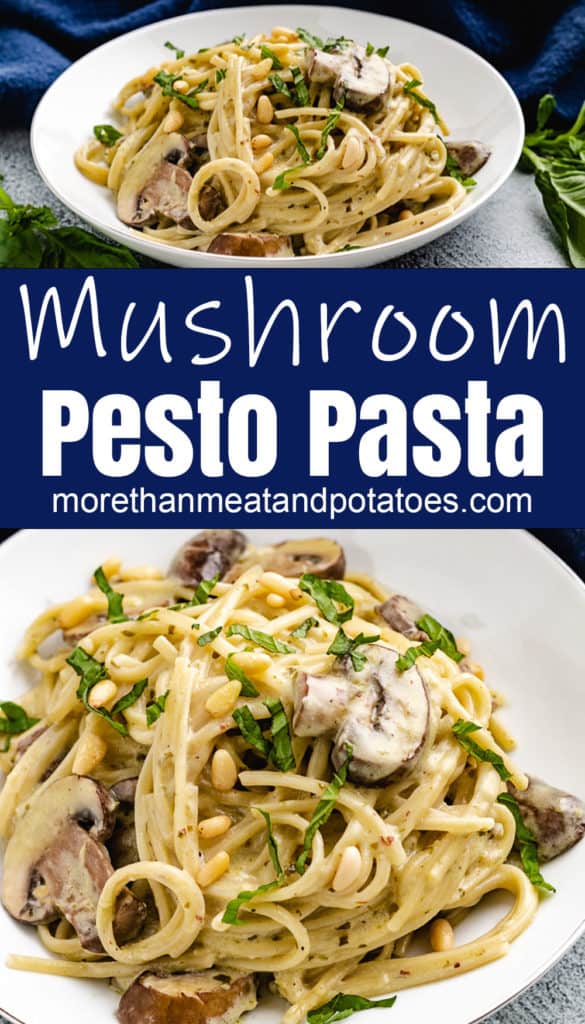 Mushroom pesto pasta topped with pine nuts on a white plate.