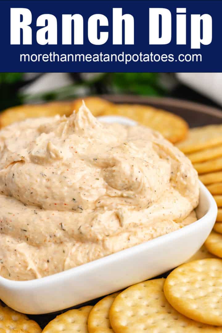 Ranch flavored dip in square dish.